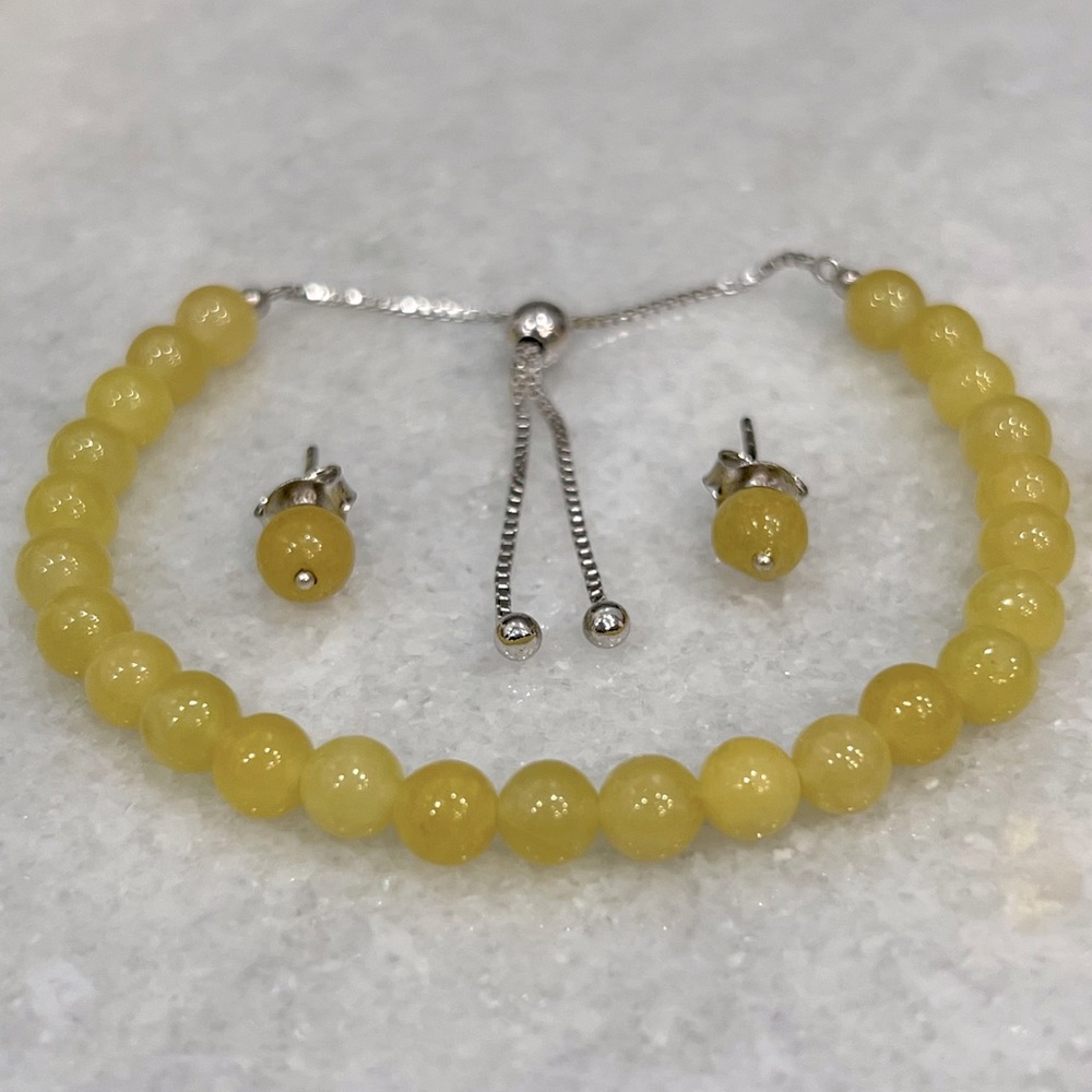 Burmese Yellow Jade Sterling Silver BOLO Bracelet & Stud Earrings Set